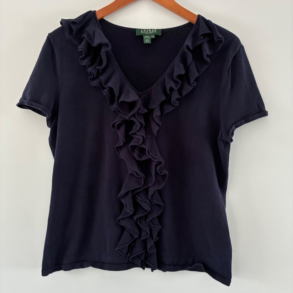 Lauren Ralph Lauren Top PL Navy Blue Ruffle V-Neck Preppy Classic Office Knit